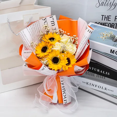Artificial Sunflower Dried Flower Bouquet With LED Light Gift Bag For Teacher Day Graduation Romantic Flower Decor