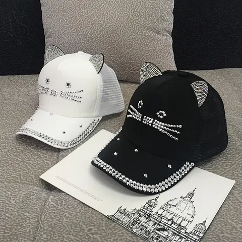 Casquette de Baseball Mignonne avec Oreilles de Chat en Strass pour Femmes Enfants Chapeau de Soleil en Maille Respirante Réglable Été