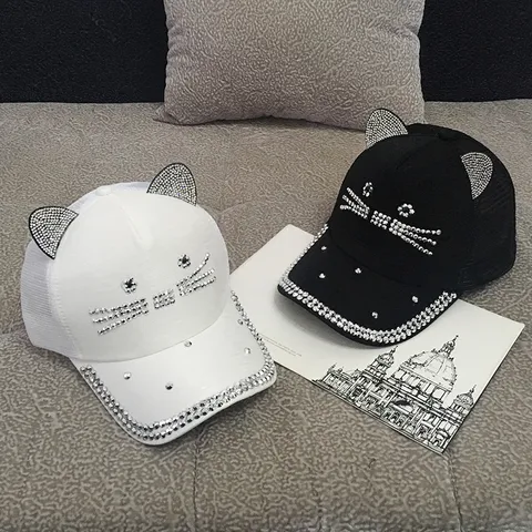 Casquette de Baseball Mignonne avec Oreilles de Chat en Strass pour Femmes Enfants Chapeau de Soleil en Maille Respirante Réglable Été