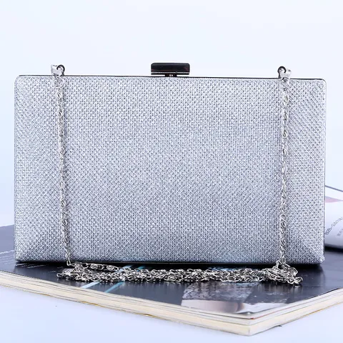 Women Minimalist Glitter Evening Bag Hard Shell Square Clutch With Metal Chain Strap For Wedding Banquet Party