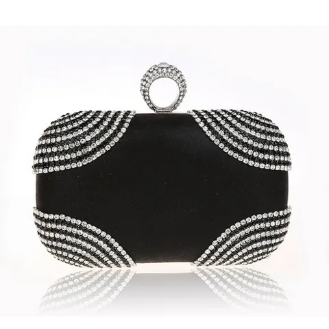 Luxury Satin Rhinestone Evening Bag Elegant Clasp Lock Clutch Purse With Metal Chain Ring Handle For Women Banquet Wedding Party