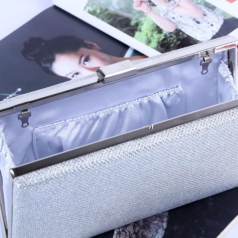 Women Minimalist Glitter Evening Bag Hard Shell Square Clutch With Metal Chain Strap For Wedding Banquet Party