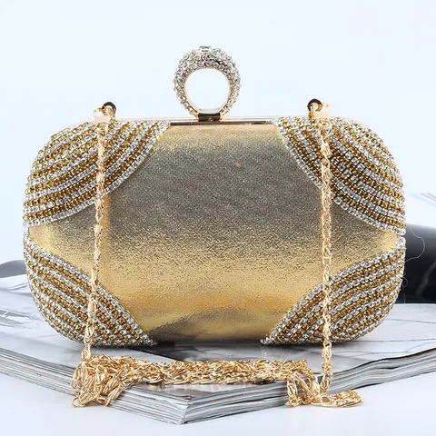Luxury Satin Rhinestone Evening Bag Elegant Clasp Lock Clutch Purse With Metal Chain Ring Handle For Women Banquet Wedding Party