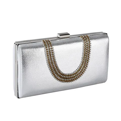 Elegant Luxury Rhinestone Evening Bag For Women Metallic PU Square Clutch Purse U Shaped Chain Handbag For Banquet Wedding Party
