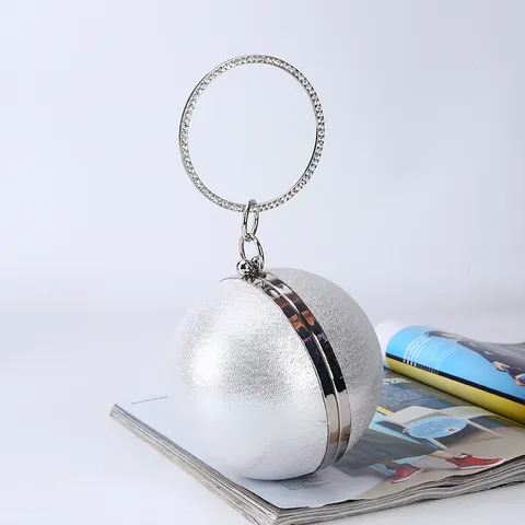 Women Spherical Evening Clutch Bag Rhinestone Ring Handle Satin Glitter Ball Handbag For Wedding Party Banquet Clutch