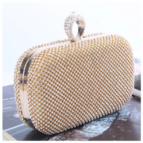 Luxury Rhinestone Evening Bag Creative Ring Clasp Clutch Handbag For Banquet Party Women Elegant Hard Shell Metallic Purse