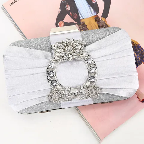 Women Pleated Evening Clutch Bag Satin Rhinestone Handbag Small Box Bag With Detachable Chain For Wedding Party Formal Event