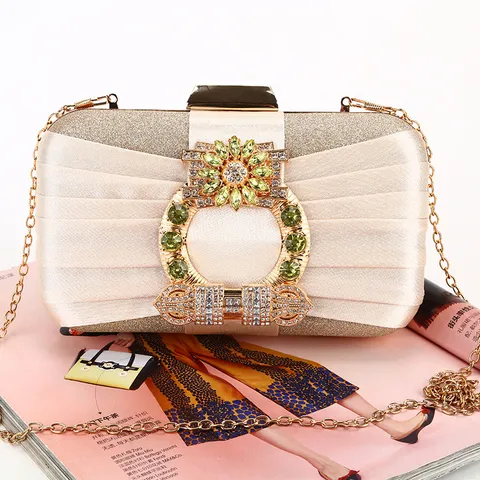 Women Pleated Evening Clutch Bag Satin Rhinestone Handbag Small Box Bag With Detachable Chain For Wedding Party Formal Event