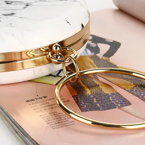 Borsa da Sera Rotonda con Motivo Marmo da Donna Con Manico ad Anello in Metallo Oro Borsa a Mano in Pelle PU Fodera in Raso per Banchetti Matrimoni