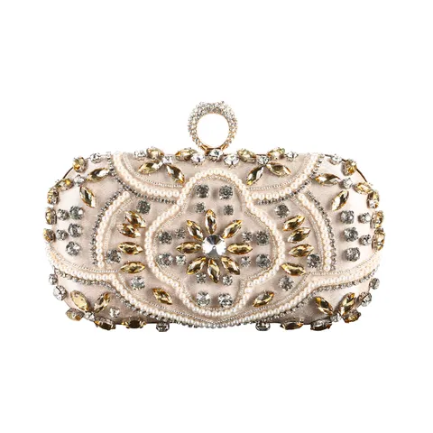 Handmade Beaded Rhinestone Evening Clutch Bag For Women Vintage Satin Party Purse With Ring Clasp Wedding Banquet Handbag