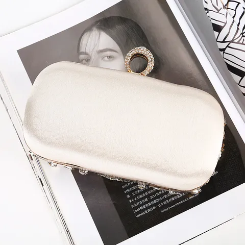 Handmade Beaded Rhinestone Evening Clutch Bag For Women Vintage Satin Party Purse With Ring Clasp Wedding Banquet Handbag