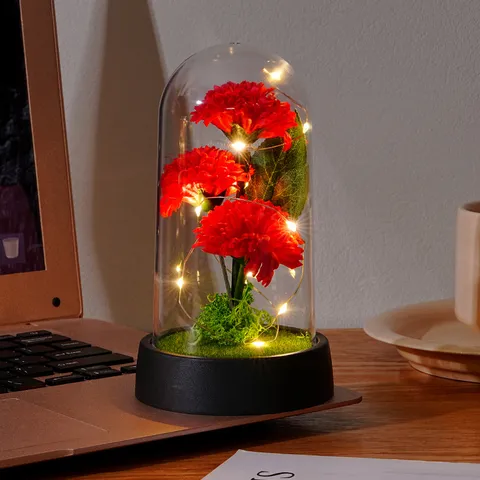 Artificial Carnation Flower Night Light Acrylic Dome Luminous Flower Desk Ornament Mother Teacher Day Gift Table Lamp Home Decor