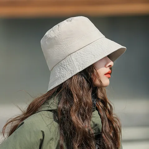 Chapeau Seau en Mélange de Coton Décontracté pour Femmes Couleur Unie Large Bord Protection Solaire Style Japonais Chapeau de Pescador Pliable Avec Cordon Coupe-vent