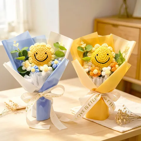 Handmade Knitted Sunflower Bouquet Yarn Crochet Smiley Sun Flower For Graduation Mother Teacher Day Gift Table Home Party Decor Arrangement