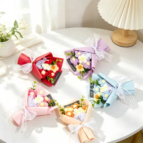 Handmade Crochet Flowers Bouquet Woolen Yarn Hand-Knitted Flowers Window Gift Box For Valentine Teacher Day Home Decor