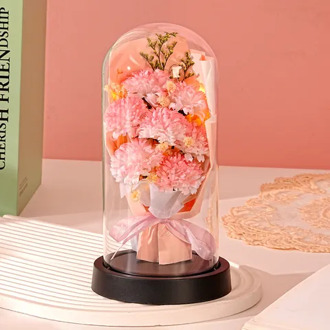 Flores Preservadas Clavel Rosa En Cúpula De Cristal Luz Nocturna LED Luminoso Base De Madera Adorno De Escritorio Decorativo Para Regalo Madre Maestro Hogar