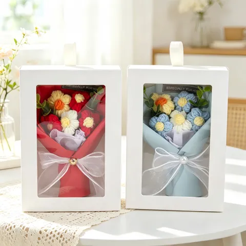 Handmade Crochet Flowers Bouquet Woolen Yarn Hand-Knitted Flowers Window Gift Box For Valentine Teacher Day Home Decor