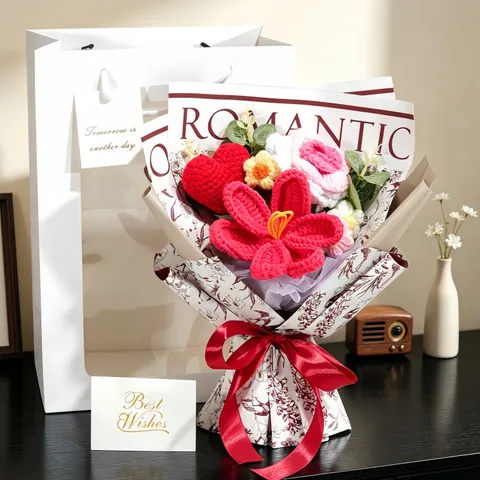 Handmade Crochet Knitted Flower Bouquet With Rose Tulip Heart Romantic Gift Bag Set For Mother Day Valentine Teacher Gift