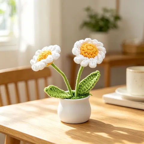 Handmade Knitted Yarn Flower Potted Plant Sunflowers Roses Daisy Crochet Bouquet With Ceramic Pot Home Office Desk Decoration Ornament Gifts