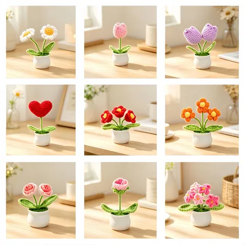 Handmade Crochet Potted Flower Sunflower Tulip Rose Knitted Ornament Home Decor Desk Decoration Teacher Day Gift