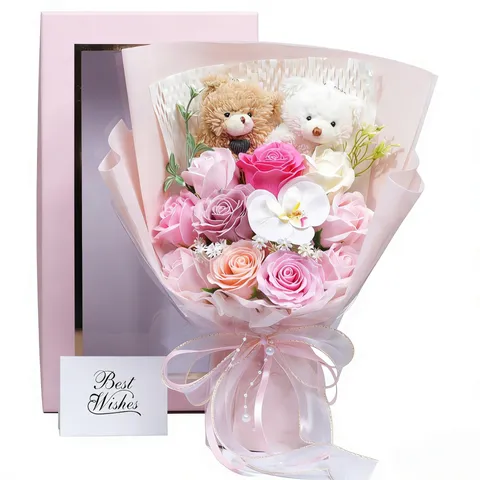 Luxe Bouquet de Roses de Savon Artificielles Avec Boîte Cadeau d'Ours en Peluche Romantique Saint-Valentin Fête des Mères Fête des Enseignants Cadeau Floral pour Anniversaire Mariage Fête Maison Décor