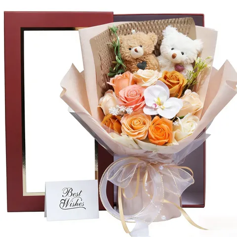 Luxe Bouquet de Roses de Savon Artificielles Avec Boîte Cadeau d'Ours en Peluche Romantique Saint-Valentin Fête des Mères Fête des Enseignants Cadeau Floral pour Anniversaire Mariage Fête Maison Décor