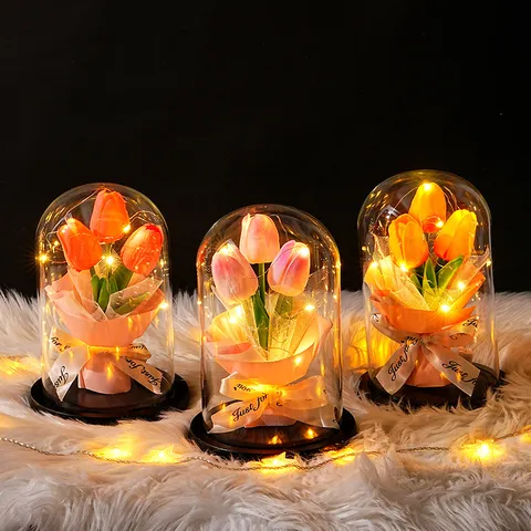 Lámpara LED Romántica de Tulipán en Cúpula de Vidrio Adorno Con Base de Madera Flor Artificial Luminosa Regalo para Cumpleaños Día de San Valentín
