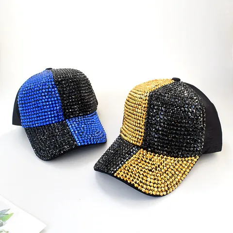 Women Fashion Rhinestone Baseball Cap Korean Style Colorblock Checkered Plaid Sun Protection Sunshade Duckbill Hat Adjustable Casual Travel Outdoor Sport Cap