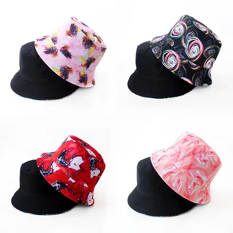 Chapeau Bob Réversible en Polyester Avec Impression Numérique Abstraite Calotte Plate Bord Large Protection Solaire Streetwear pour Hommes Femmes
