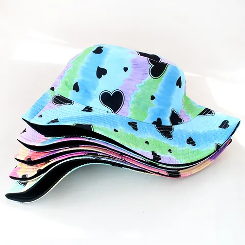 Streetwear Hip-Hop Polyester Fisherhut Tie-Dye Farbverlauf Mehrfarbig Herzdruck Breite Krempe Runde Krone Sonnenschutz Beckenhut Für Outdoor Reisen Unisex Lässiger Stil