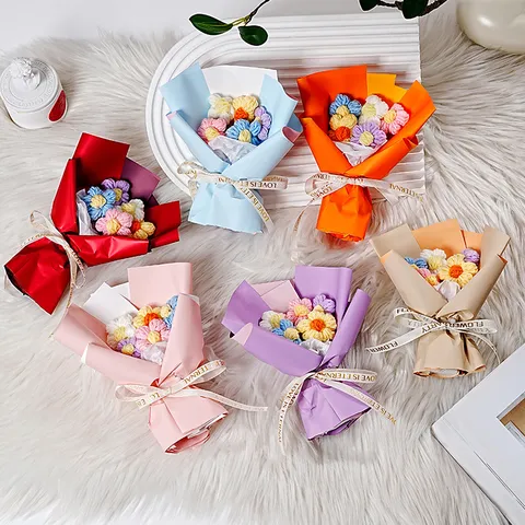 Handmade Knitted Yarn Puff Flower Mini Bouquet Creative Desk Ornament Gift Decorative Artificial Flower Art For Teachers Day Home Decor