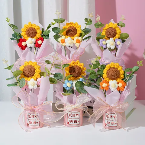 Handmade Crochet Yarn Sunflower Bouquet Hug Bucket Pastoral Style Table Mini Decoration Craft Ornament Flower Gift Arrangement For Teachers Day Graduation Home Accent Decor