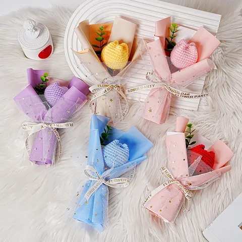 Handmade Knitted Tulip Bouquet Mini Crochet Yarn Flower Bouquet For Teachers Day Mothers Day Wedding Birthday Home Table Decoration Gift