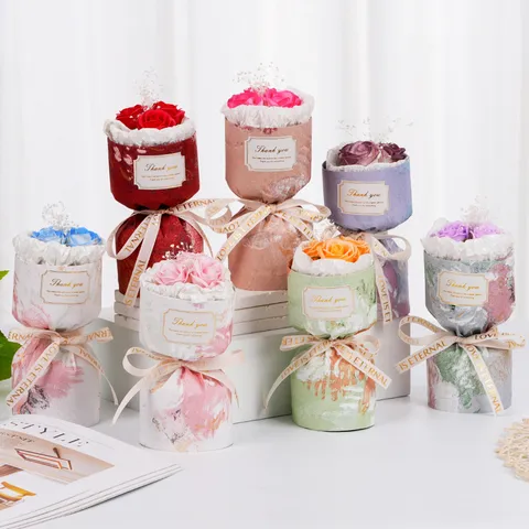 Mini Ramo de Flores de Jabón Rosa Preservada Gipsofila Romántico Estilo Chino Ramo de Regalo Con Cinta de Lazo Etiqueta de Agradecimiento para Día de San Valentín Día del Maestro Día de la Madre Festival Souvenir
