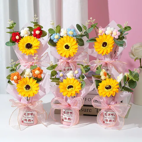 Handgemaakt Gebreid Boeket Doos Set Zonnebloem Anjer Pot Garen Bloemen Feestdagen Festival Decoratie Ornamenten Cadeau Voor Dag Van De Leraar