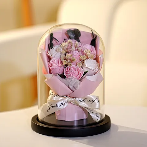 Bouquet Di Rose Di Sapone Artificiale In Cupola Di Vetro Striscia Di Luci LED Calde Decorativo Garofano Girasole Ornamento Regalo Di Festa Per San Valentino Festa Della Mamma Insegnante