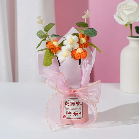 Handgemaakt Gebreid Boeket Doos Set Zonnebloem Anjer Pot Garen Bloemen Feestdagen Festival Decoratie Ornamenten Cadeau Voor Dag Van De Leraar