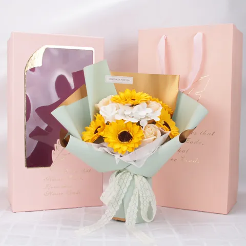 Ramo de Flores de Jabón de Girasol y Rosa Hecho a Mano Elegante Paquete con Ventana Regalo de Graduación para el Día del Maestro Decoración del Hogar