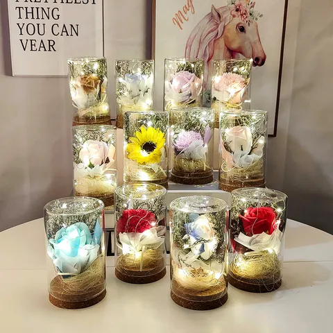 Glowing Glass Wishing Bottle Flower Bouquet Ornament With LED String Lights Wood Base Artificial Rose Carnation Table Decor Gift