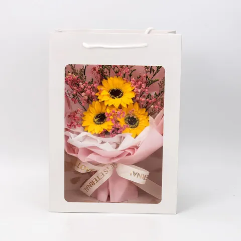 Artificial Sunflower Bouquet Gift Box Handmade Plastic Flowers Bouquet With Clear Window Tote Gift Bag And Blessing Card Home Party Decoration Accessories