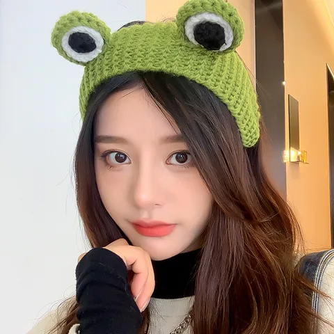 Mignon Bonnet en Tricot Grenouille à Grands Yeux Chaud Souple Serre-Tête Bonnet d'Hiver Cache-Oreilles Accessoires Cheveux Accessoires de Costume pour Femmes