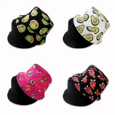 Chapeau Bob Réversible Femmes Hommes Vintage Imprimé Chapeau de Soleil Motif Fruits Papillon Imprimé sur Tout Large Bord Pare-soleil Haut Plat