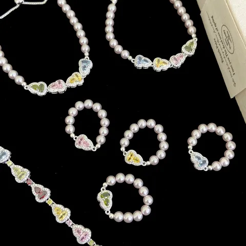 Anello Elastico Dopamina Zucca Colorata Perla Artificiale Bracciale Cuore Regolabile per Donna Gioielli Moda Lega Strass