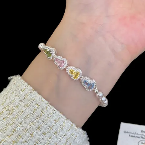 Anello Elastico Dopamina Zucca Colorata Perla Artificiale Bracciale Cuore Regolabile per Donna Gioielli Moda Lega Strass