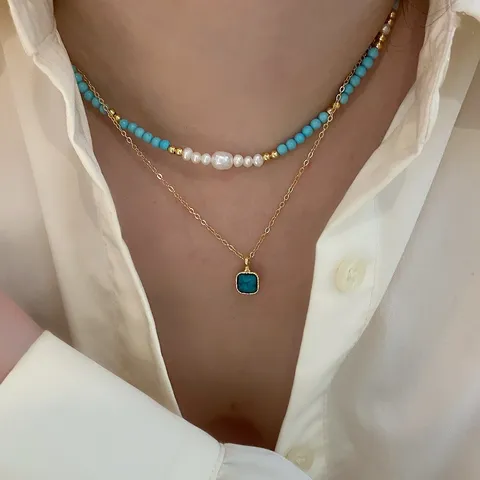 Collana Pendente Fatta a Mano con Perla d'Acqua Dolce e Zirconia per Donna Collana a Strati di Perline Turchesi Gioielli