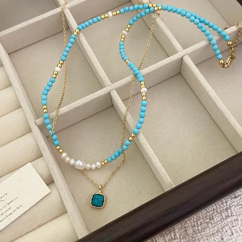 Collana Pendente Fatta a Mano con Perla d'Acqua Dolce e Zirconia per Donna Collana a Strati di Perline Turchesi Gioielli