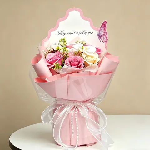 Romantisch Zeep Bloem Gepreserveerde Roos Phalaenopsis Boeket Met Vlinder Decoratie Gaas Verpakking Cadeautas Voor Valentijnsdag Moederdag