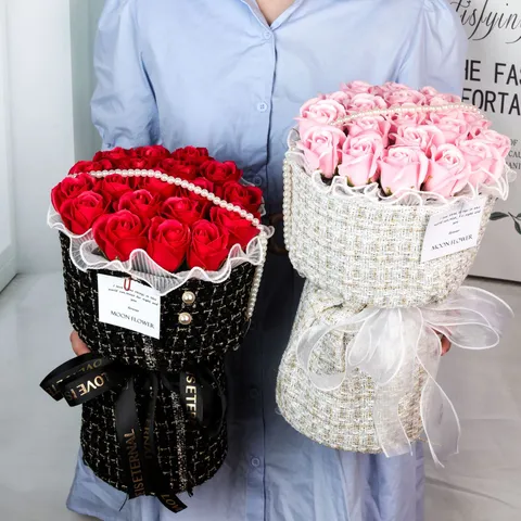 Style Tweed Savon Rose Bouquet Fleur Artificielle Perle Ruban Saint Valentin Fête Des Mères Enseignant Cadeau Décoratif Bouquet