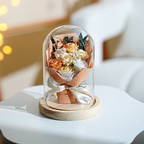 Ramo de Flores de Jabón de Rosa Preservada con Cúpula de Vidrio Luz LED Base de Madera Luz Nocturna Floral Artificial Regalo San Valentín Maestro