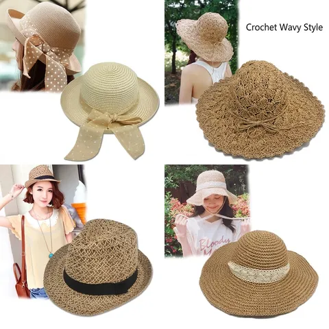Chapeau de Paille à Grand Bord pour Femmes Élégant de Plage Vacances Chapeau de Paille Avec Nœud Ruban Dentelle Chapeau Solaire